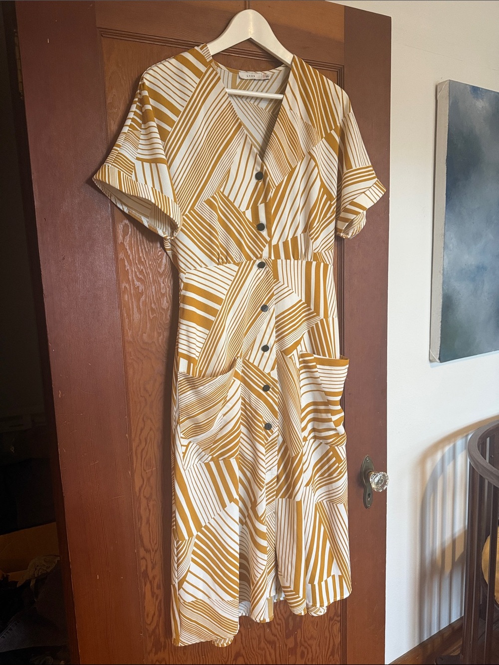 Lush Mustard and White Striped Button-Front Midi Dress